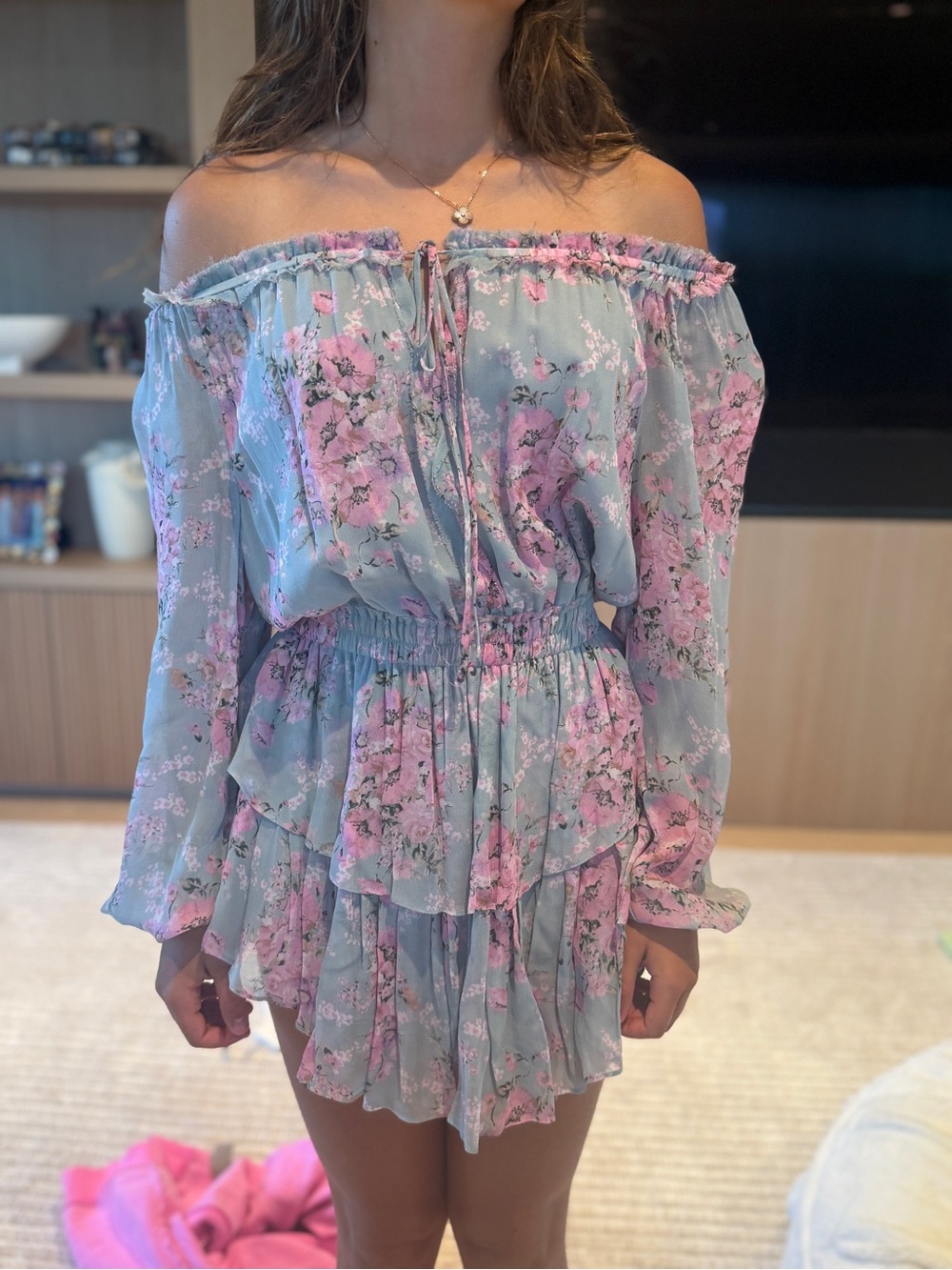 LoveShackFancy Off-the-Shoulder Floral Mini Dress in Light Blue and Pink
